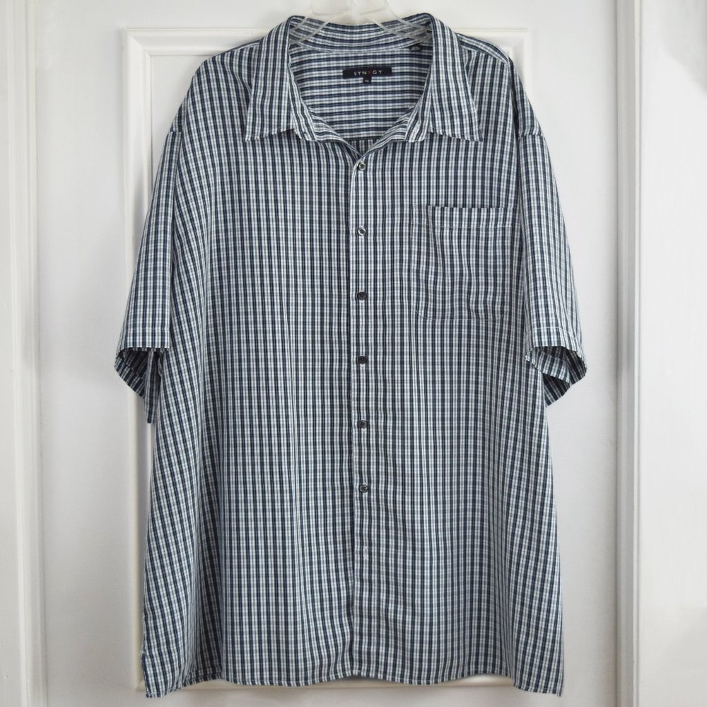Synrgy Shirt Men 4XL Blue White Black Short Sleeve Check Business Casual Preppy